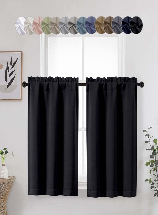 WelvetBLK Black Cafe Blackout Curtains Tier 36 Inch Length 2 Panels, Soft Solid Thermal Insulated Room Darkening Small Kitchen Window Curtains Over Sink for Bathroom Basement, Black, Each 30" Wx36 L - Image 1
